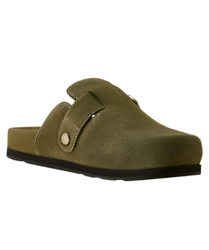 Instep view of the women's olive suede country mule shoe