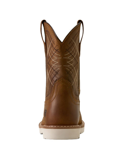Heel view of the 1" heel featuring the leather pull tabs for an easy on, on the distressed brown leather western youth boot