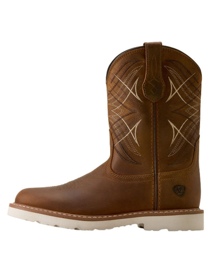 Left side view of the unisex youth western boot in distressed brown featuring a two-row stitch pattern and embroidery