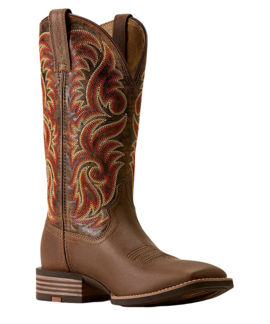 A brown leather cowboy boot with intricate western embroidery in red, orange, and yellow on the shaft, shown against a plain white background.