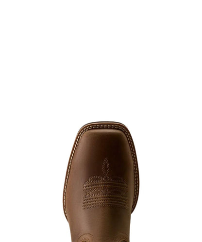 A close-up top-down view of a brown leather cowboy boot toe showing the square vamp and decorative stitching.