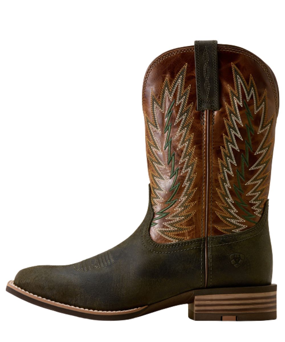 Left side view of the men's Ariat Cowboy Boot featuring the 11" shaft height, moss green vamp, dark tan shaft, and leather construction