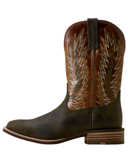 Left side view of the men's Ariat Cowboy Boot featuring the 11" shaft height, moss green vamp, dark tan shaft, and leather construction