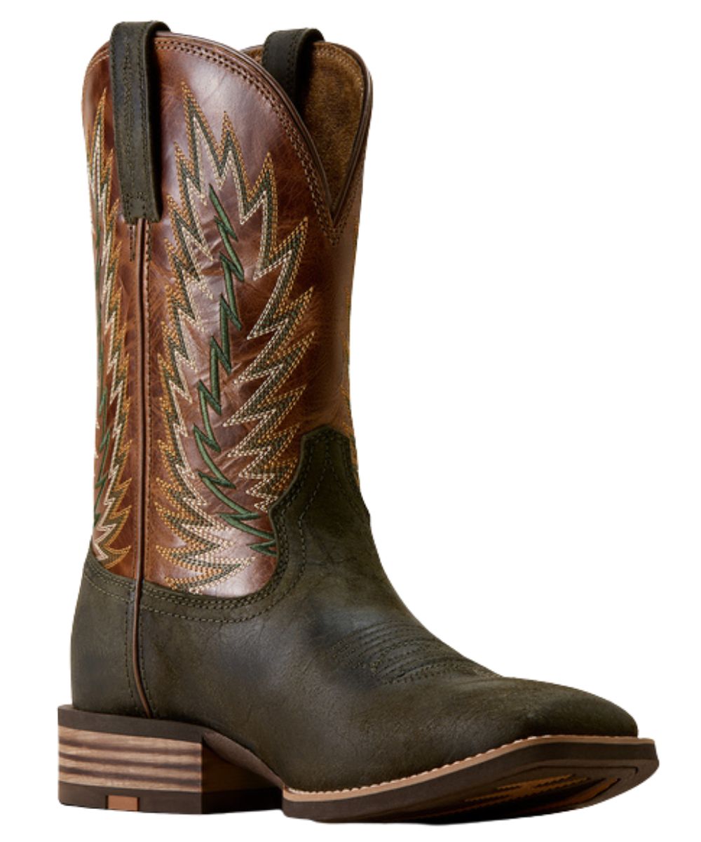 Right angled view of the men's Ariat Driggs Wide Square Toe Cowboy Boot featuring the moss green leather vamp and the dark tan leather shaft with a six-row stitch pattern