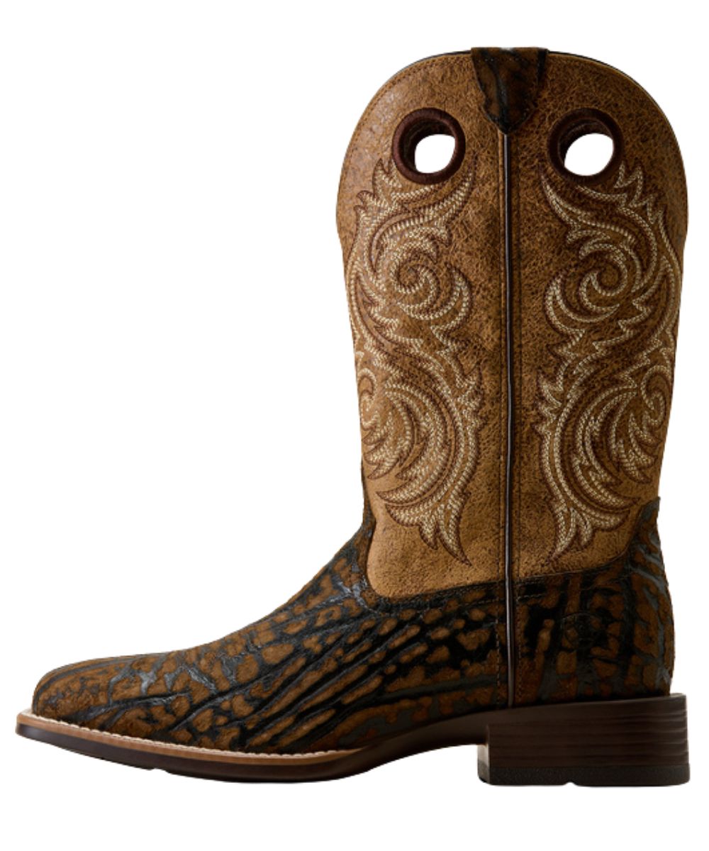Left side view of the men's leather cowboy boot featuring the brown rhino printed vamp and distressed tan leather shaft