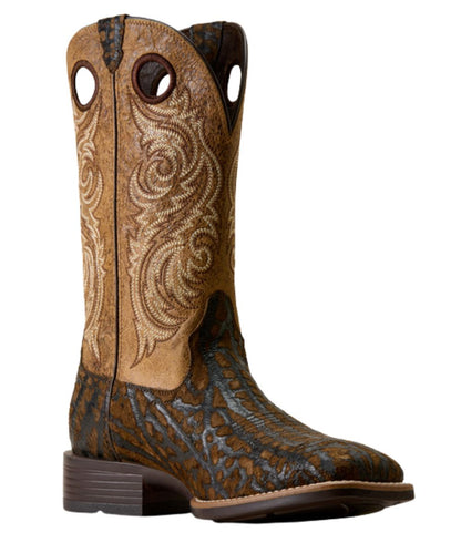 Right angled view of the men's 12" rhino tan printed cowboy boot featuring the leather construction and pull holes for an easy on