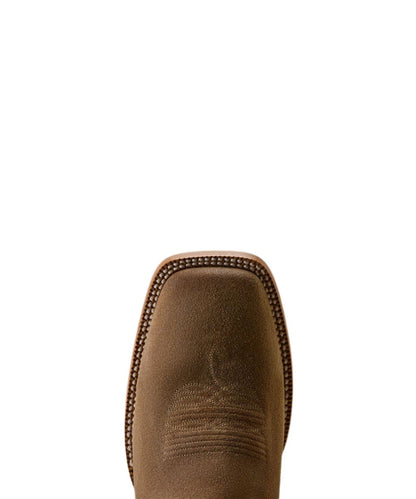 Close-up top view of a brown leather boot toe with decorative stitching and a square vamp, shown against a plain white background.