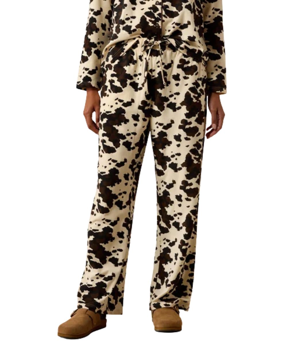 Front view of the women's pants included in the pony play pajama set featuring the elastic waistband with drawstring and hand pockets
