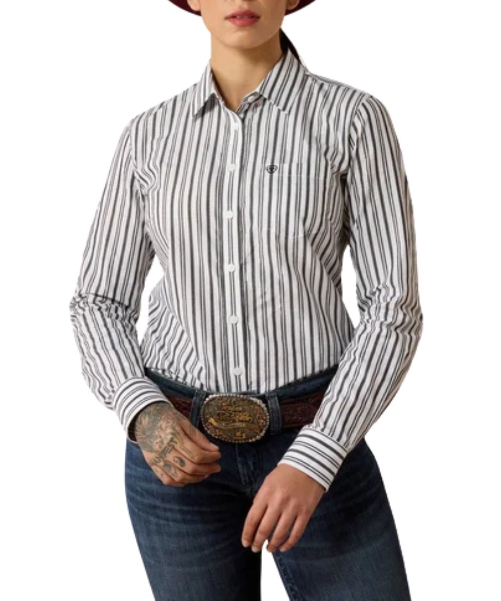 Front view of the women's black & white Ariat Kirby Stretch long sleeve button down shirt featuring the white buttons, single open chest pocket, wrinkle-resistance, and the black and white vertical striped print