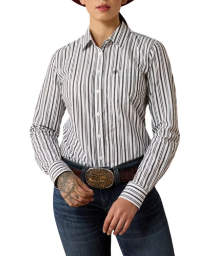 Front view of the women's black & white Ariat Kirby Stretch long sleeve button down shirt featuring the white buttons, single open chest pocket, wrinkle-resistance, and the black and white vertical striped print