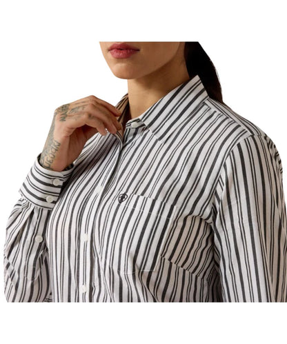 Close-up view of the black & white striped print
