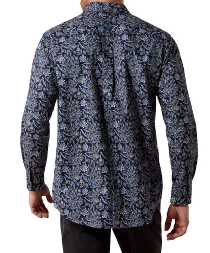 Back view of the men's black paisley long sleeve button down shirt featuring the straight back yoke with a box pleat and logo embroidery