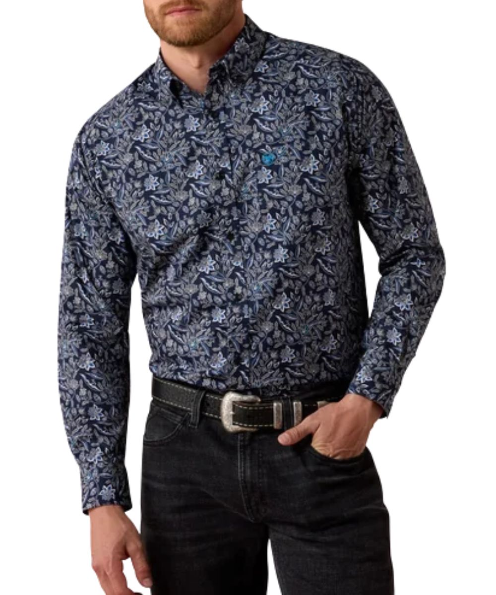 Front view of the men's black Ariat long sleeve button down shirt featuring the paisley print, classic fit, button down collar, and the single open chest pocket