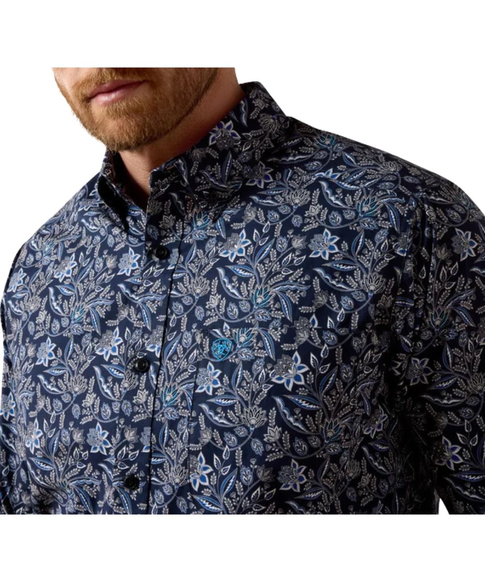 Close-up view of the paisley print, button down collar, and the chest pocket with a hidden pen slot