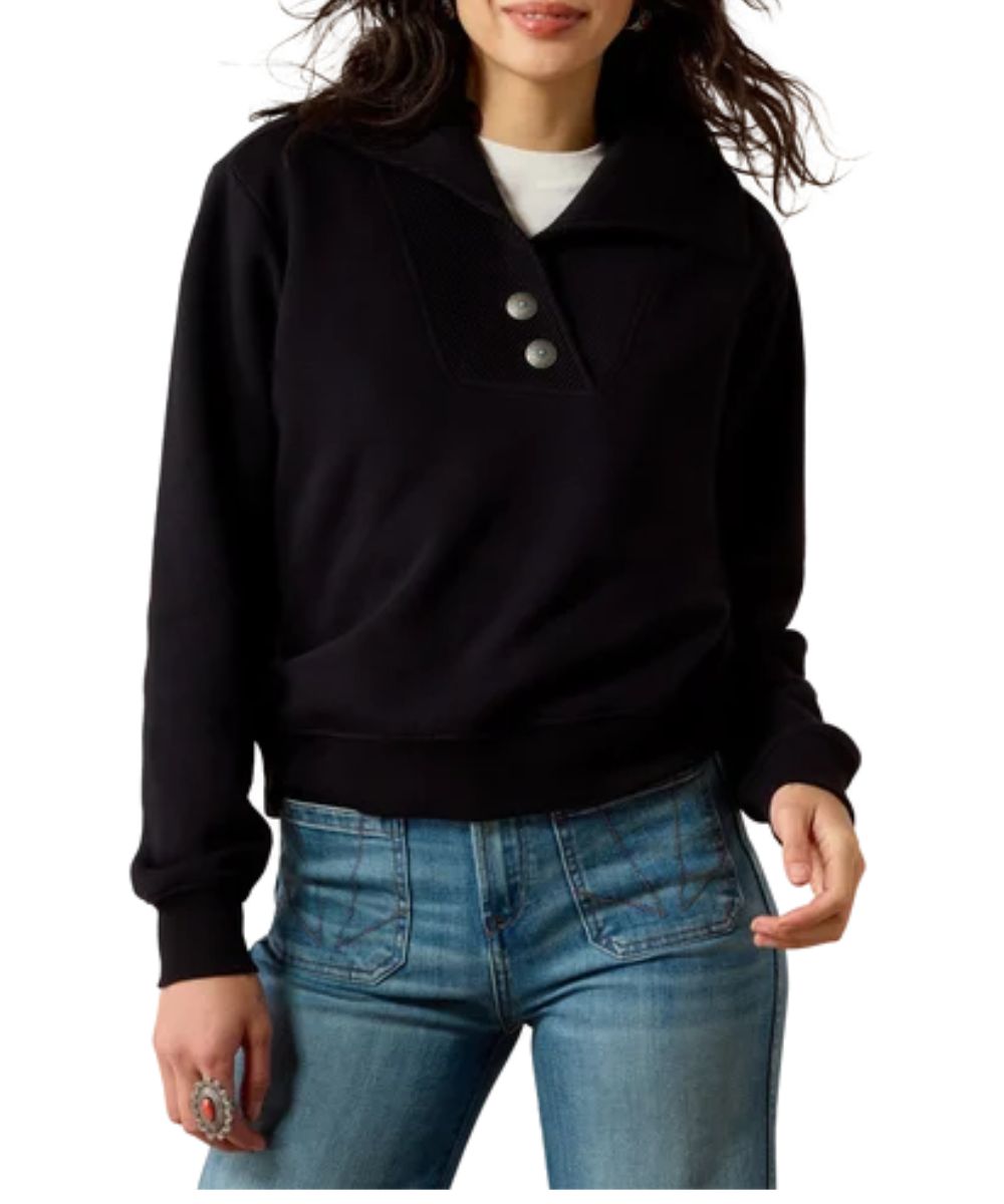 Front view of the women's black Ariat Butler Pullover featuring the soft wrapped collar with a v-neckline and two silver southwestern-inspired buttons, long sleeves, and rib knit trim 