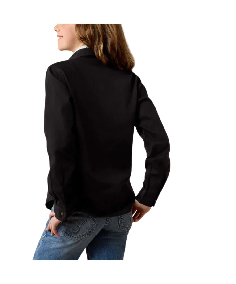A girl shown from the back wearing a black long-sleeve snap shirt and blue jeans against a plain white background.