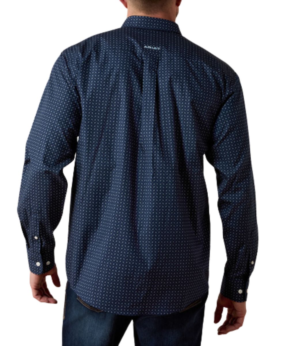 Back view of the men's blue long sleeve button down shirt featuring the straight back yoke with a box pleat and logo embroidery