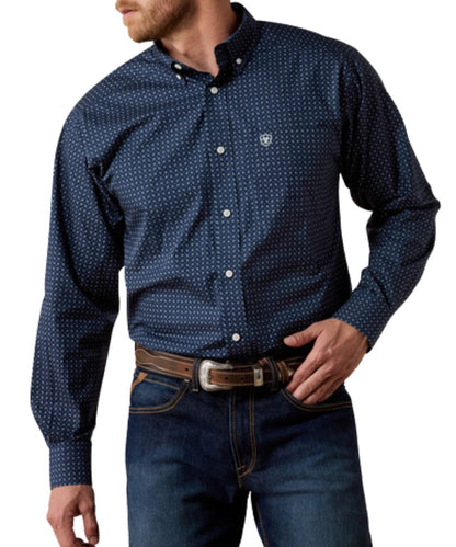 Front view of the men's dress blue Ariat long sleeve button down shirt featuring the micro paisley print, classic fit, wrinkle-free finish, button down collar, and a single chest pocket