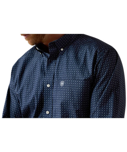 Close-up view of the paisley print, chest pocket with logo embroidery and a hidden pen slot, and the button down collar