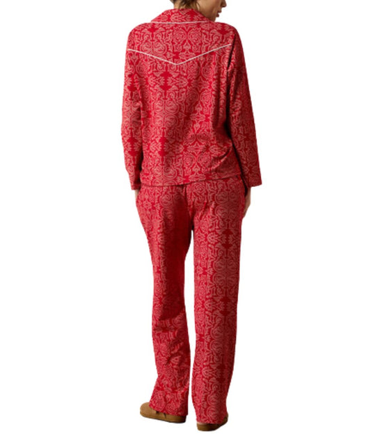 Back view of the women's red Ariat Boot Scootin' Dreams Pajama Set featuring the matching shirt and pants with an allover white western stitch design print and relaxed fit