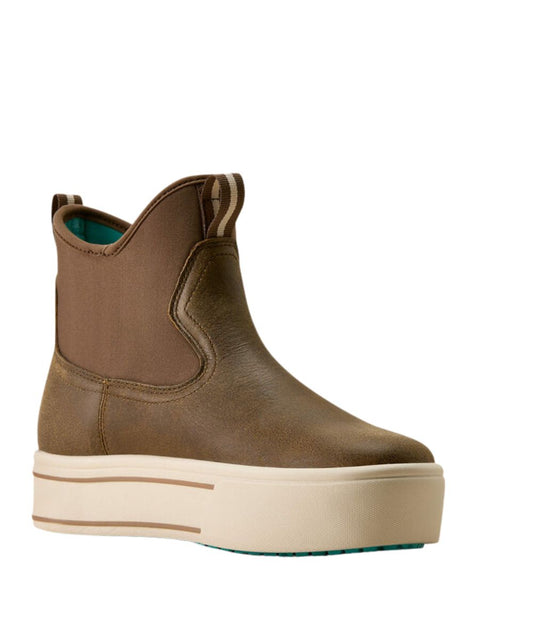 Right angled view of the women's bomber brown leather waterproof ankle deck-style boot with a chunky white platform sole