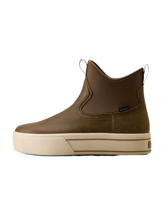 A single mid-calf slip-on ankle boot in bomber brown textured waterproof leather with neoprene side panels and a thick white platform sole with brown stripes