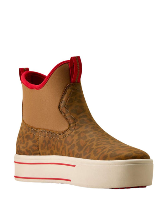 A mid-calf platform sneaker boot featuring a brown leopard print waterproof leather upper, a brown neoprene side panel, a red pull tab lining, and a thick white platform sole with red accent lines.