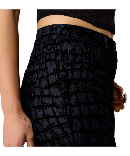 Close-up view of the croc print, zip fly with button closure, and five pocket styling