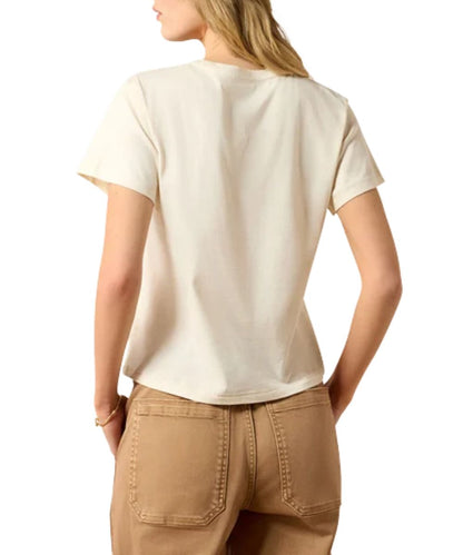 Back view of the women's natural/off white colored tee featuring the boxy fit with a slightly cropped length