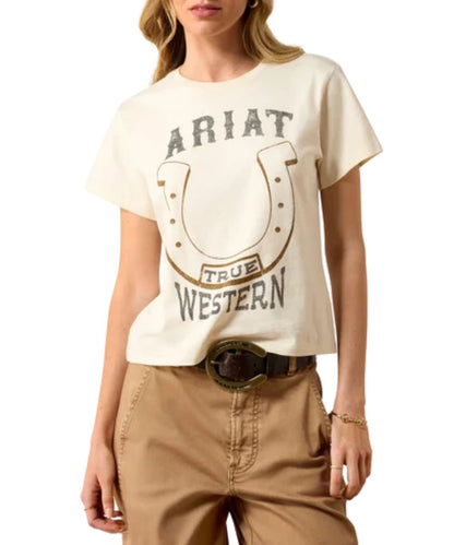 Front view of the women's Ariat True West T-Shirt featuring the horseshoe graphic on the front that reads: "Ariat True Western" 