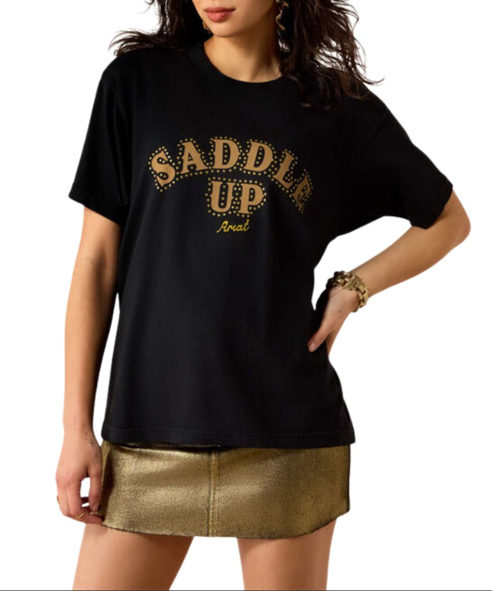 Front view of the women's Ariat black boyfriend fit graphic T-shirt with gold 'SADDLE UP' text 