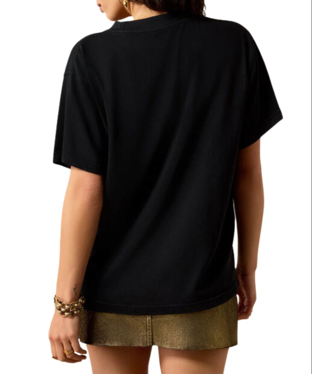 Back view of the women's boyfriend fit pigment black graphic tee
