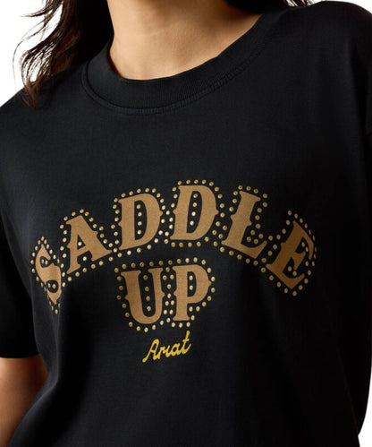Close-up view of the gold marquee-inspired lettering that reads: "Saddle Up"