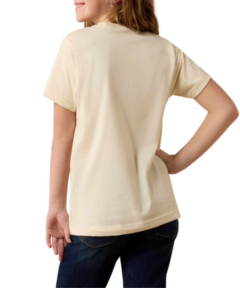Back view of the girl's short sleeve natural graphic tee