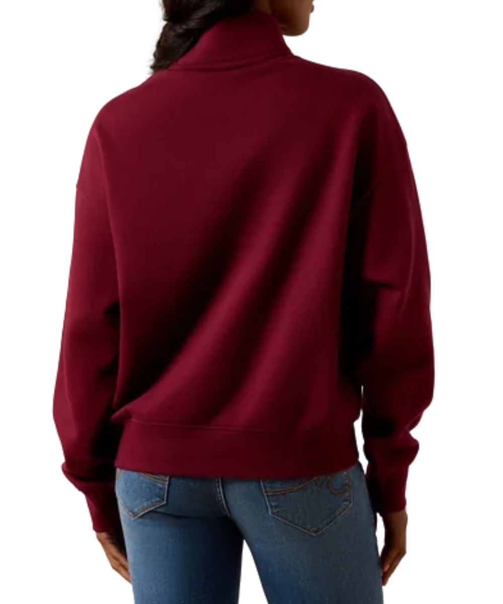 Back view of the women's wine sweatshirt featuring the mock collar and solid print