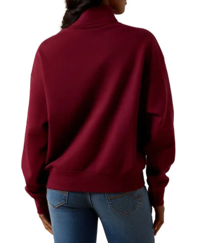 Back view of the women's wine sweatshirt featuring the mock collar and solid print