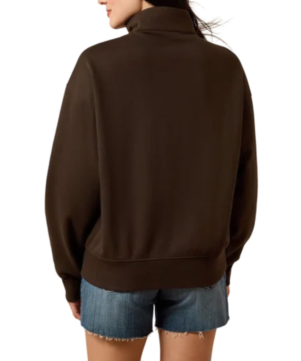 Back view of the women's brown long sleeve 1/2 zip sweatshirt featuring the mock neck and solid print