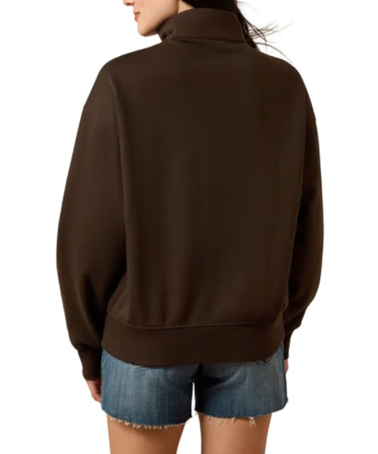 Back view of the women's brown long sleeve 1/2 zip sweatshirt featuring the mock neck and solid print