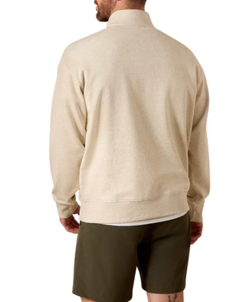 Back view of the men's oatmeal heather long sleeve sweatshirt featuring the mock collar, easy fit, and solid print