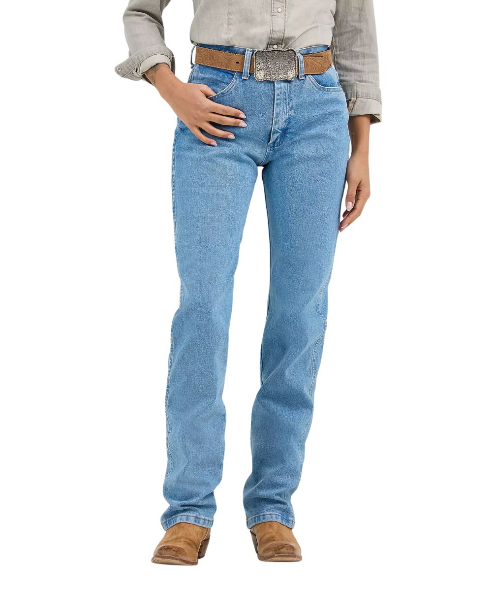 Front view of the women's Wrangler cowboy cut jean in an antique wash