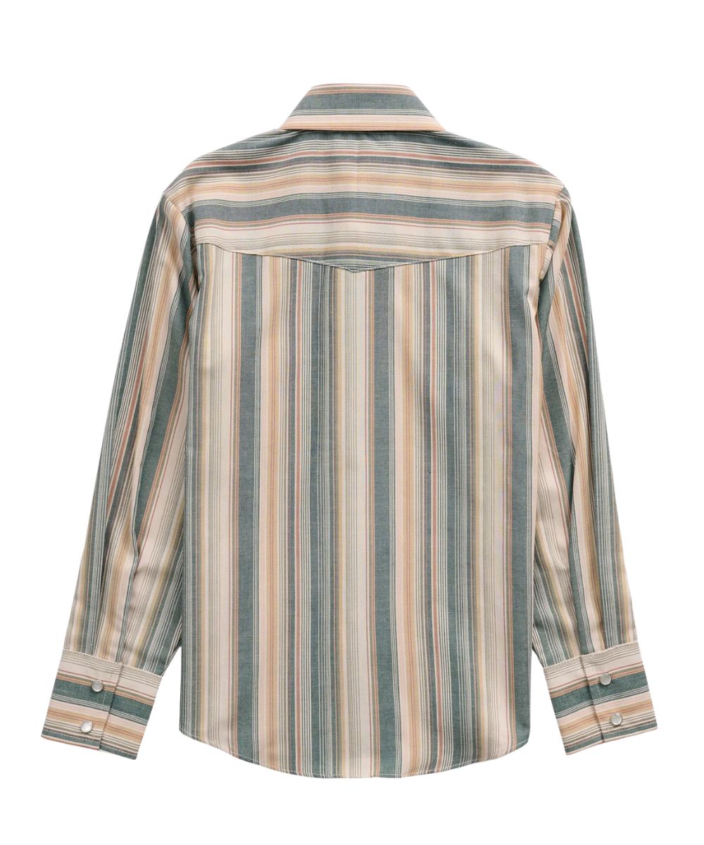 Back view of the boy's long sleeve western pearl snap shirt featuring the easy care fabric, western yoke, and snap cuffs