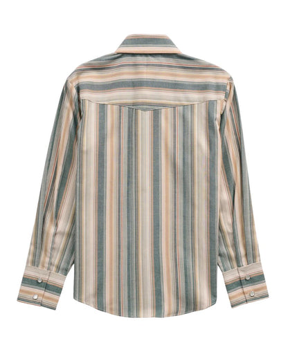 Back view of the boy's long sleeve western pearl snap shirt featuring the easy care fabric, western yoke, and snap cuffs
