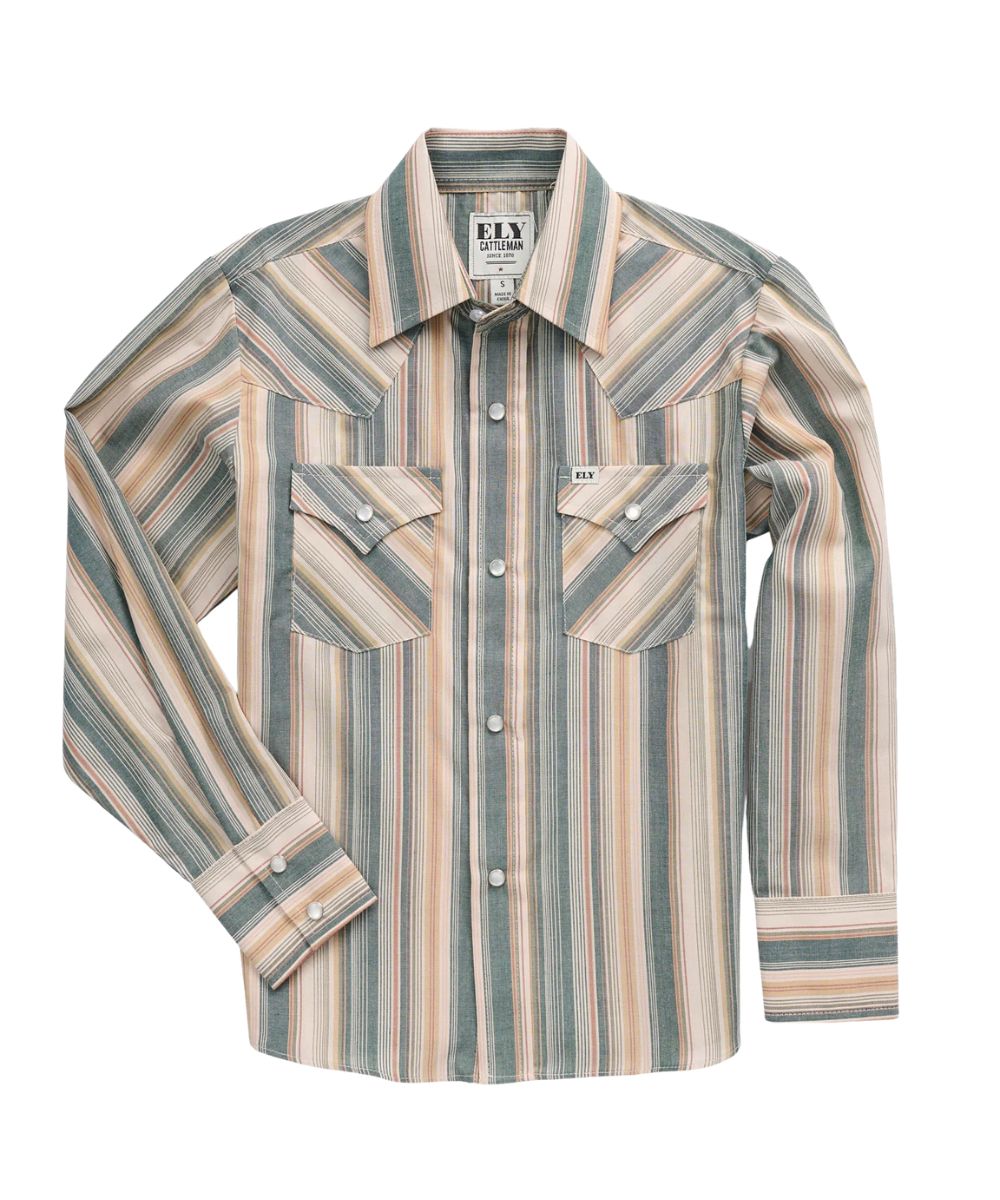 Front view of the boy's ecru Ely Cattleman long sleeve snap shirt featuring the western yokes, pearl snaps, chest pockets, and striped print