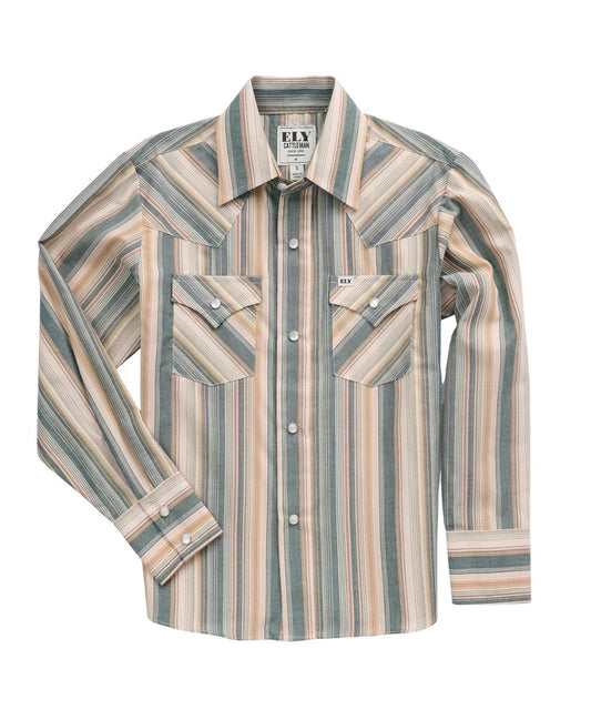 Front view of the boy's ecru Ely Cattleman long sleeve snap shirt featuring the western yokes, pearl snaps, chest pockets, and striped print