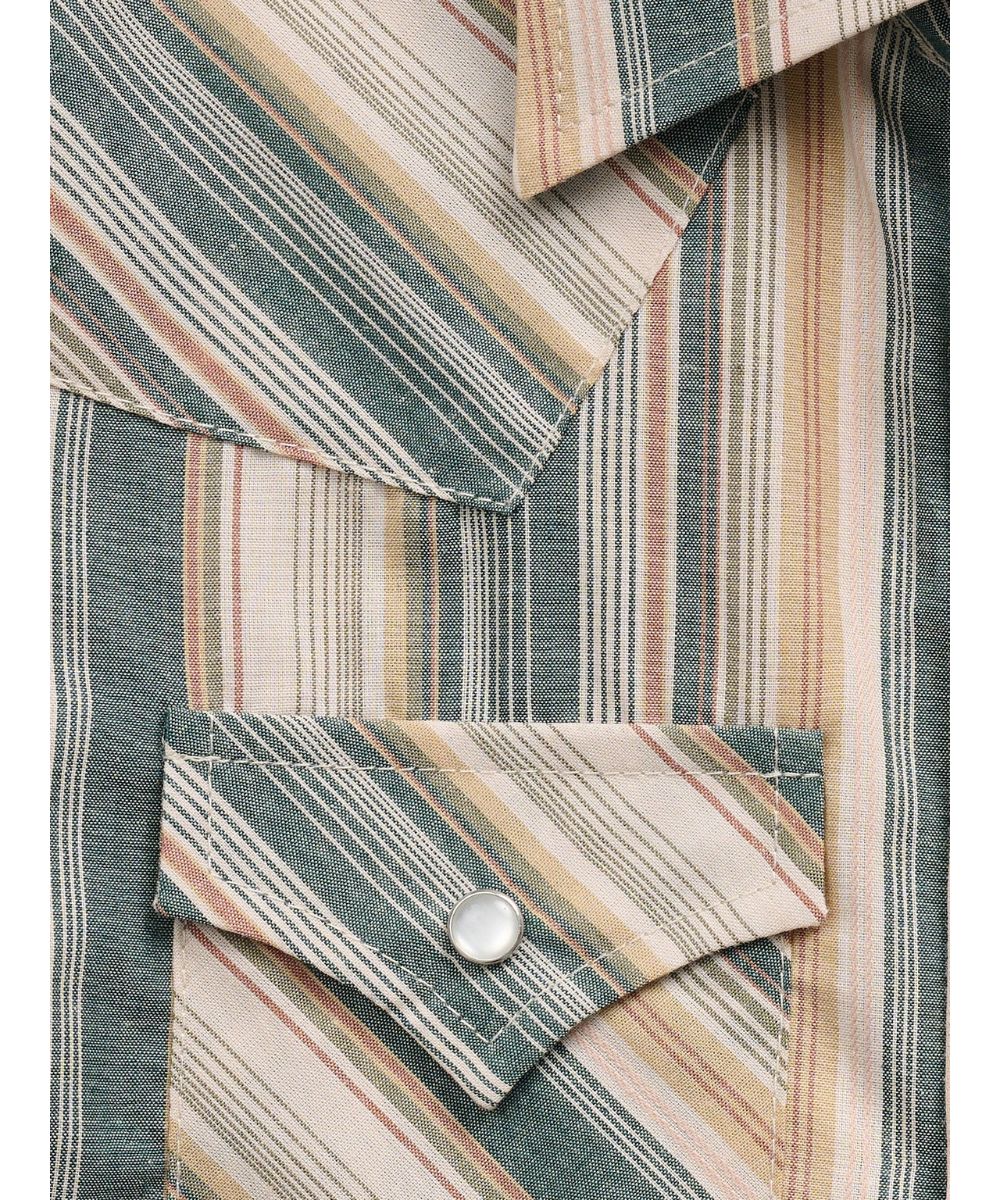 Close-up view of the sage, cream, and tan striped print