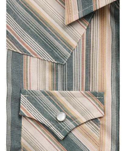 Close-up view of the sage, cream, and tan striped print