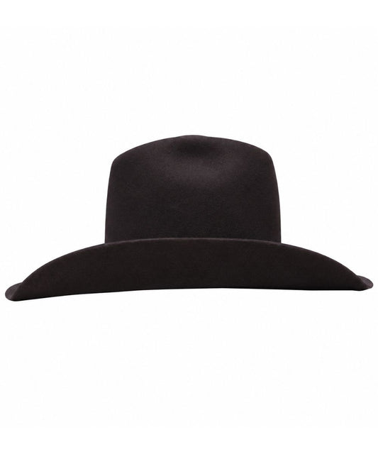 Left side view of the 10x felt black cherry hat featuring the minnick crown