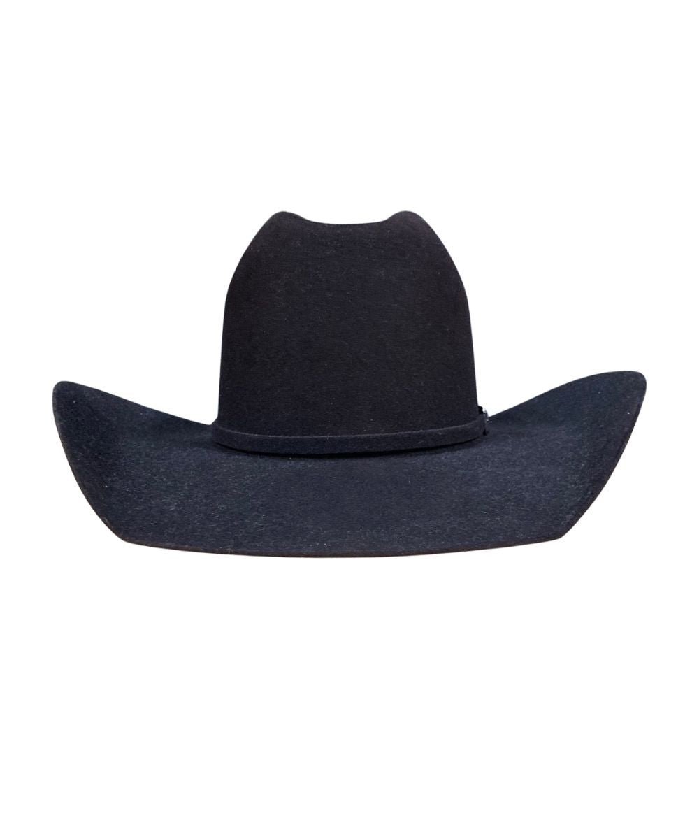Front view of the black cherry felt hat featuring the jb brim
