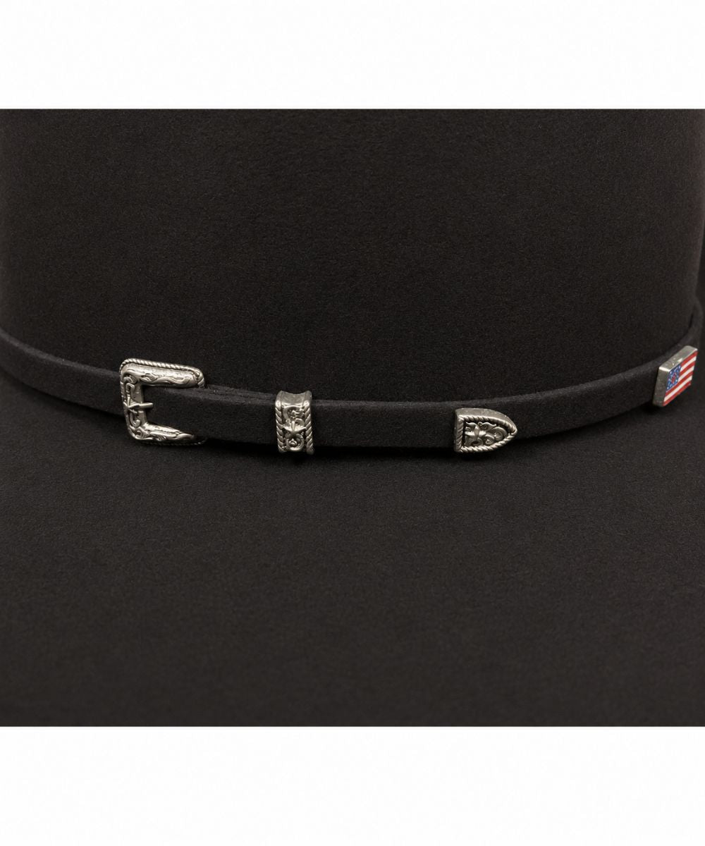 Close-up view of the matching self hat band with a 3-piece silver buckle set