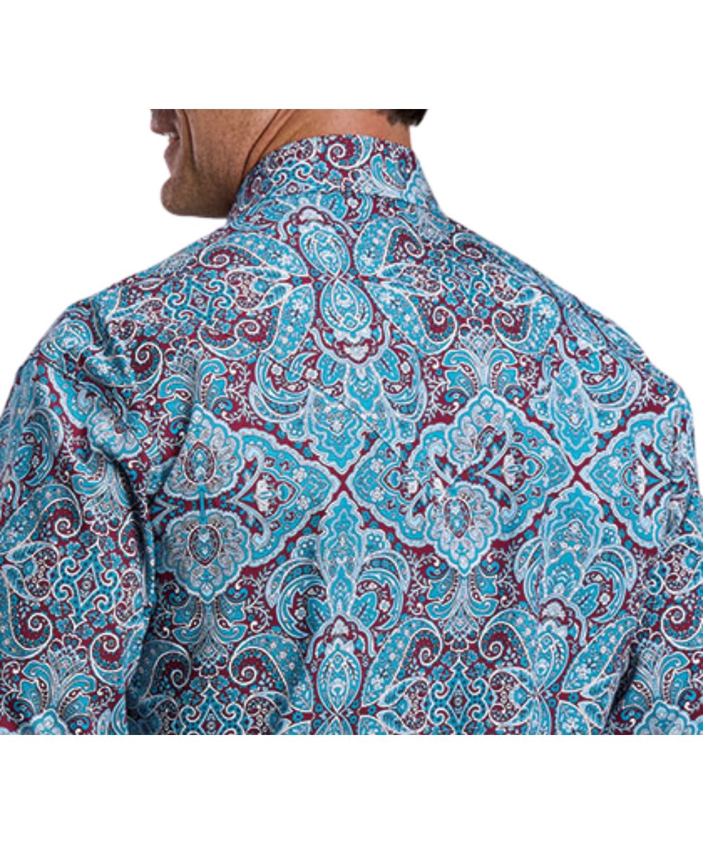 Back view of the men's blue paisley print long sleeve snap shirt featuring an ultra deep curved back yoke
